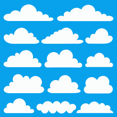 Vector Set of Cartoon Cloud Shapes – Flat White Clouds on Blue Sky Background.
