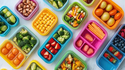 Colorful healthy lunch boxes filled with fresh fruits and vegetables on a bright surface