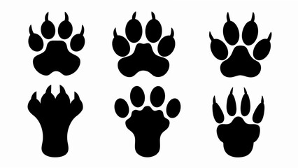set of different animal paw print silhouette vector on white background