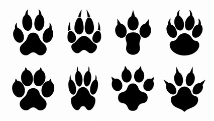 set of different animal paw print silhouette vector on white background