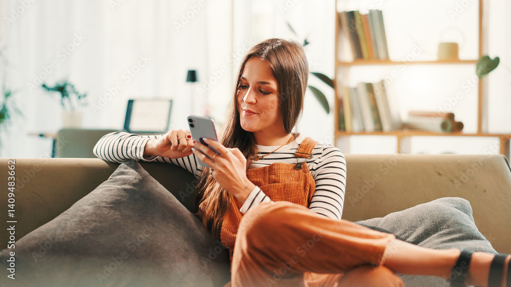 Poster cellphone, relax and woman on sofa in home with networking, communication or contact on mobile app. 