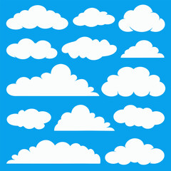 Vector Set of Cartoon Cloud Shapes – Flat White Clouds on Blue Sky Background.