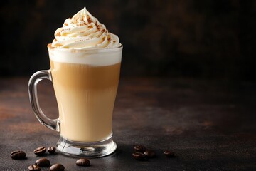Glass of latte with whipped cream and coffee beans on dark surface.