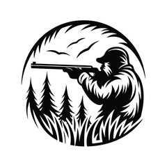 Silhouette Hunter Aiming Rifle, Forest, Birds, Wildlife, Bushcraft in Circle Icon