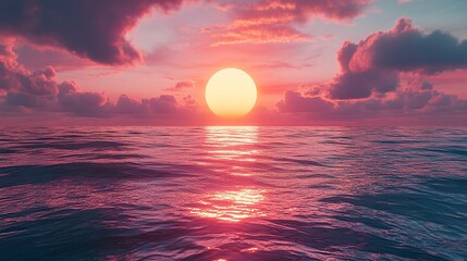 Giant pastel sun setting over calm ocean with vibrant pink and orange reflection, centered composition, surreal and dreamy seascape 