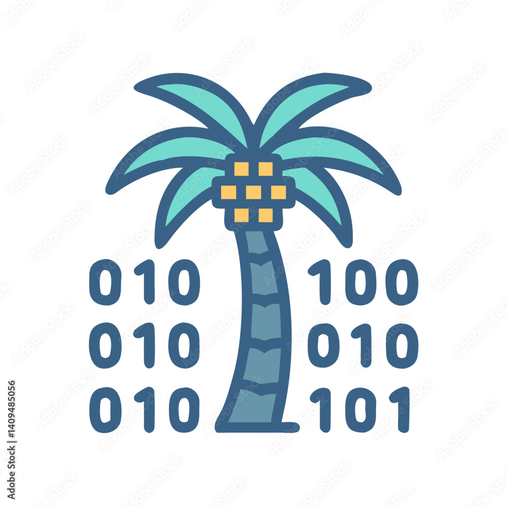 Poster Palm with Binary Code Icon Representing Digital Technology