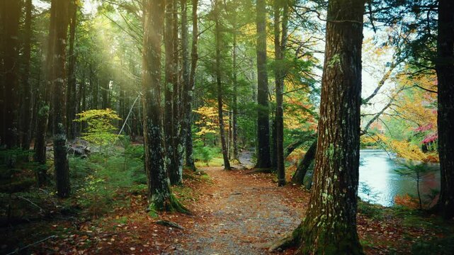 Walking around the Kejimkujik National Park in autumn. Trail view of the forest trees and colorful foliage. Fall colors. Sun rays coming through the leaves. Peaceful discovery of nature.