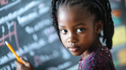 Portrait of african girl writing solution of sums on white board at school. Black schoolgirl solving addition sum on white board with marker pen. School child thinking while doing mathematics problem