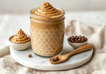 Dalgona coffee in a jar with whipped topping and chocolate chips on marble.