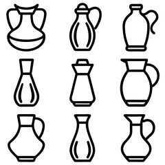 Simple Black Line Art Carafe and Bottle Icon Set for Beverage and Kitchen Designs