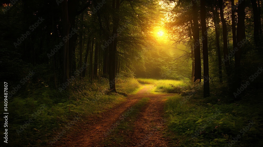 Poster sunlit forest path through dense green trees and foliage during daytime