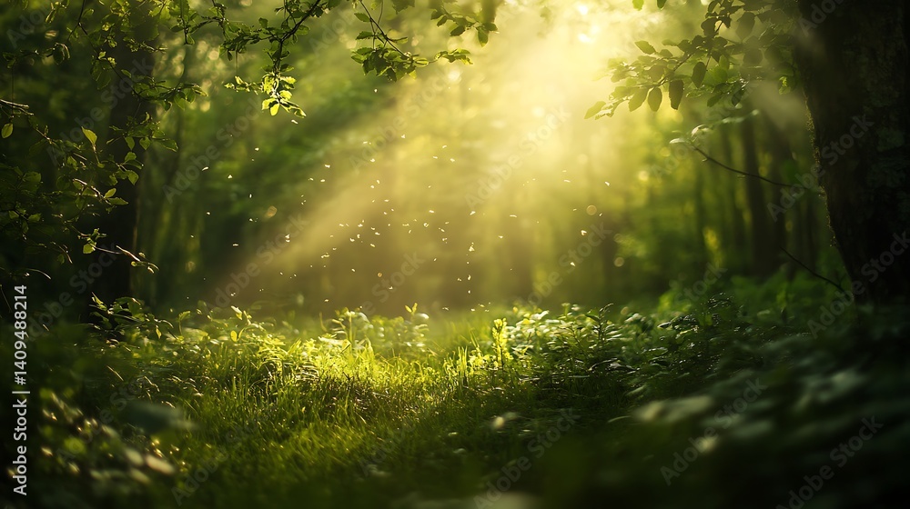 Poster sunlit forest path with green foliage and light rays creating a peaceful scene