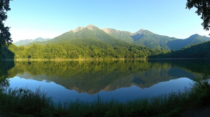 Fototapeta premium Serene mountain lake reflecting a vibrant forest canopy.