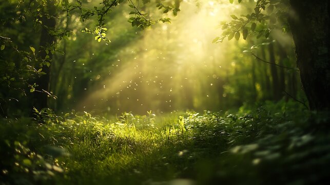 Sunlit Forest Path with Green Foliage and Light Rays Creating a Peaceful Scene
