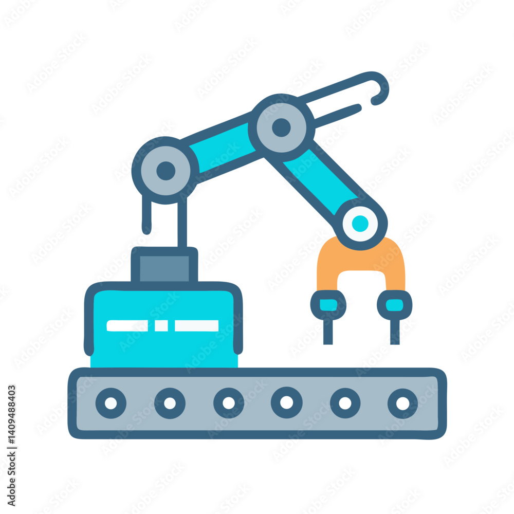 Poster robotic arm on conveyor icon representing automated manufacturing