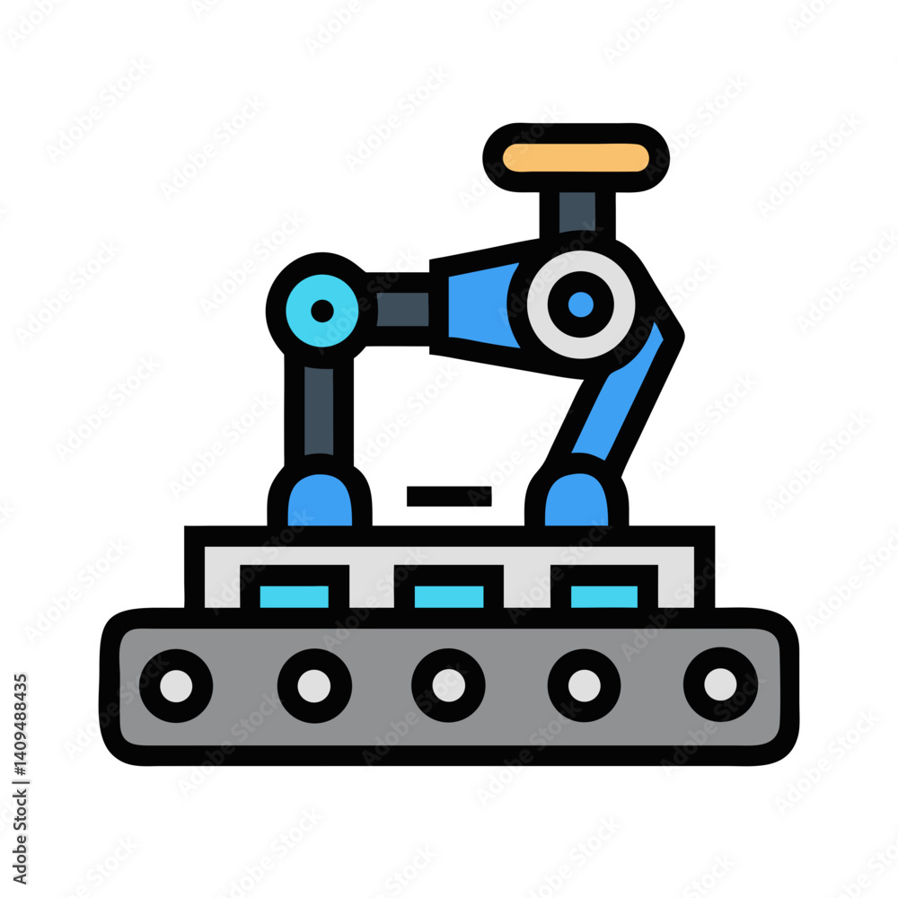 Poster robotic arm on conveyor icon representing automated manufacturing