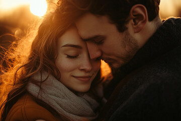 Romantic Couple Hugging at Sunset in Warm Golden Light Generative AI