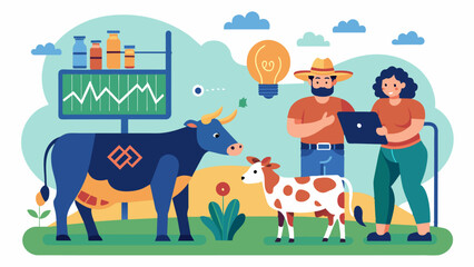 Livestock farmers using AIpowered data analysis to optimize their programs selecting the healthiest and most genetically strong animals for reproduction.. Vector illustration
