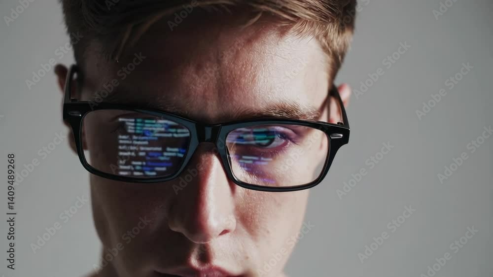 Fototapete Programmer wearing glasses reflecting lines of code while concentrating on software development project, showing deep focus and professional expertise in digital technology workspace