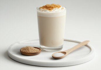 Glass of creamy drink with topping on a white tray with spoons.