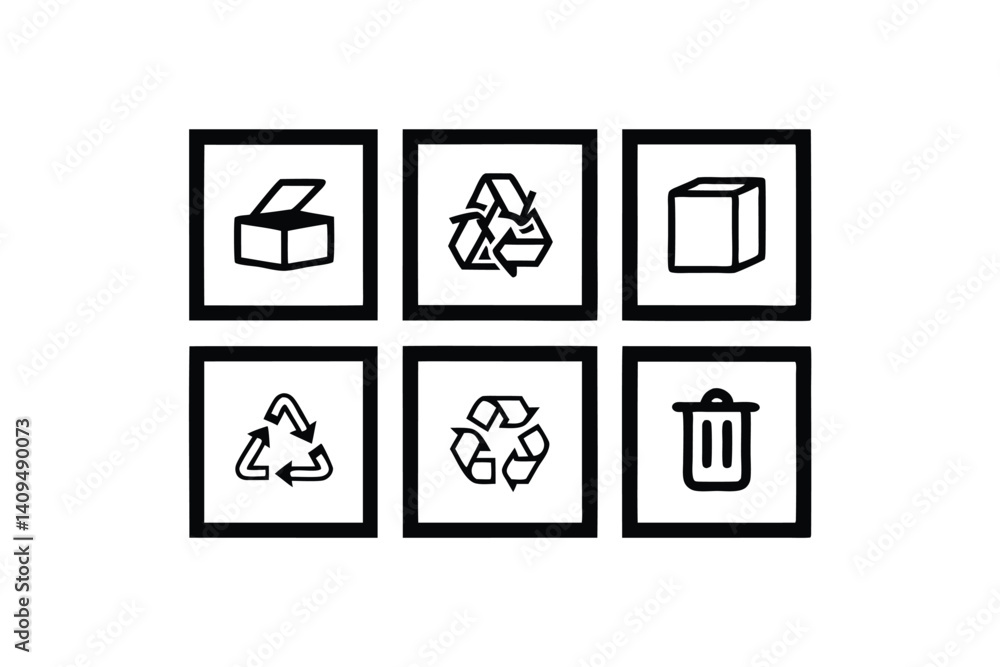 Poster recycling and packaging icons in black and white simple line art design elements set for print and w