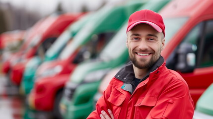 Delivery driver smiles in front of fleet at logistics center during overcast day