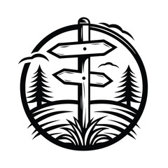 Abstract Outlines Directional Signpost, Silhouette Trees, Birds & Grass in Circle Shape