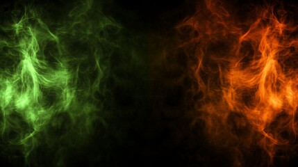 Green and orange ethereal smoke formations against a dark background.