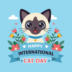 Happy birthday card featuring a cute cartoon cat with flowers and hearts