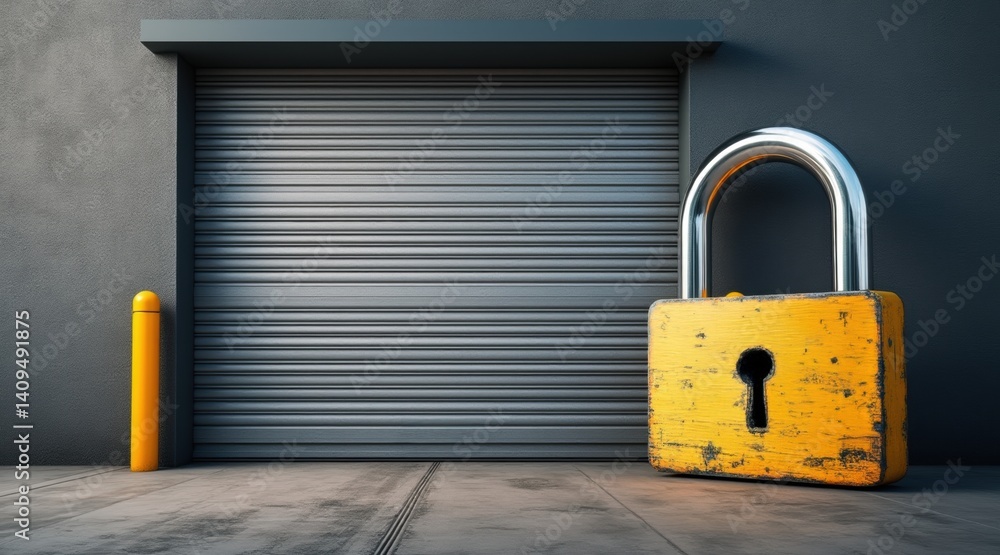 Poster closed metal shutter with a large yellow padlock in front.