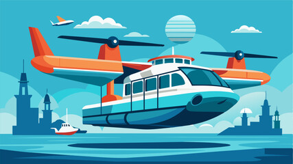 The air taxis equipped with advanced hydrofoil technology smoothly transition from flight to water transportation.. Vector illustration