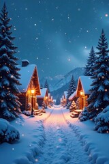 Snowy winter village scene with twinkling lights and festive decorations, snow, winter, atmosphere