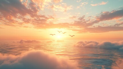 Fototapeta premium Golden sunrise behind fluffy clouds with birds flying across radiant sky, wide-angle shot, soft and peaceful morning atmosphere 