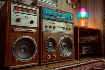 A vintage stereo system with wood grain finish and large speakers, evokes a sense of nostalgia, capturing the essence of classic audio equipment, and old technology.