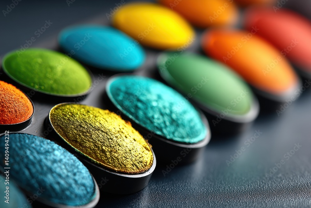 Poster macro photograph showcases vibrant array of colorful powder pigments in containers, set against a te