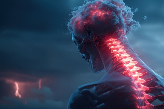 A dramatic and conceptual illustration of human anatomy showcasing the spine and brain, emphasizing pain, with glowing red against a dark blue, ominous backdrop.