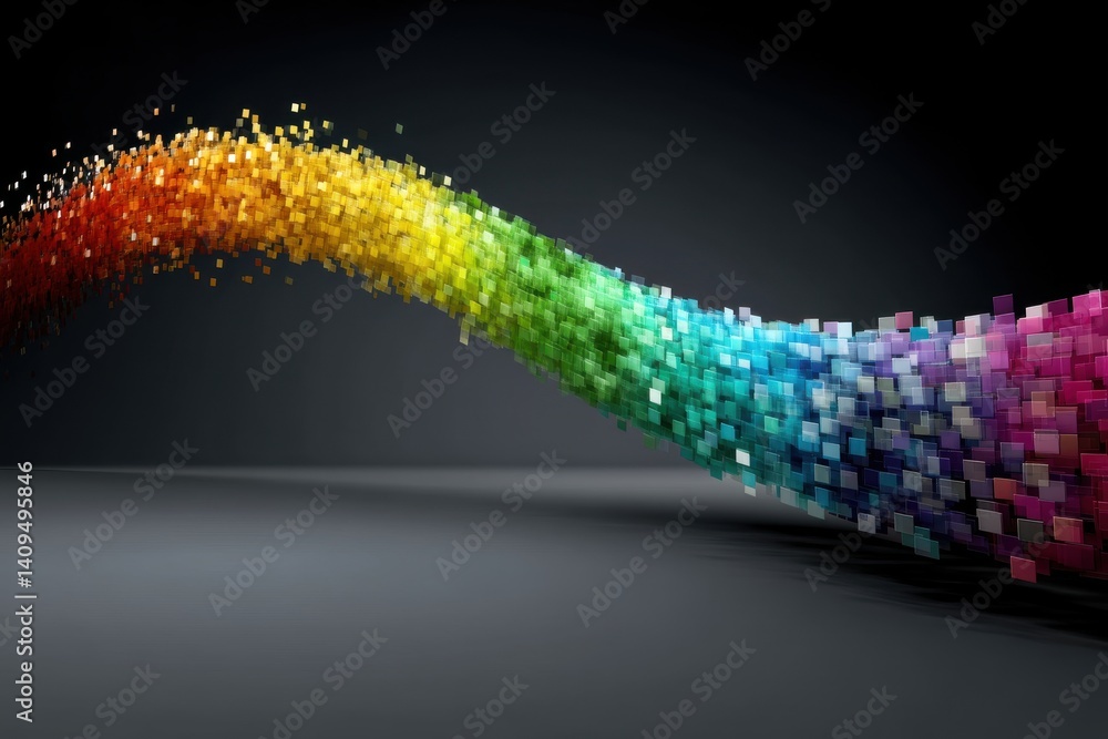 Poster abstract colorful wave made up of small cubes against a dark background, vibrant and dynamic, perfec