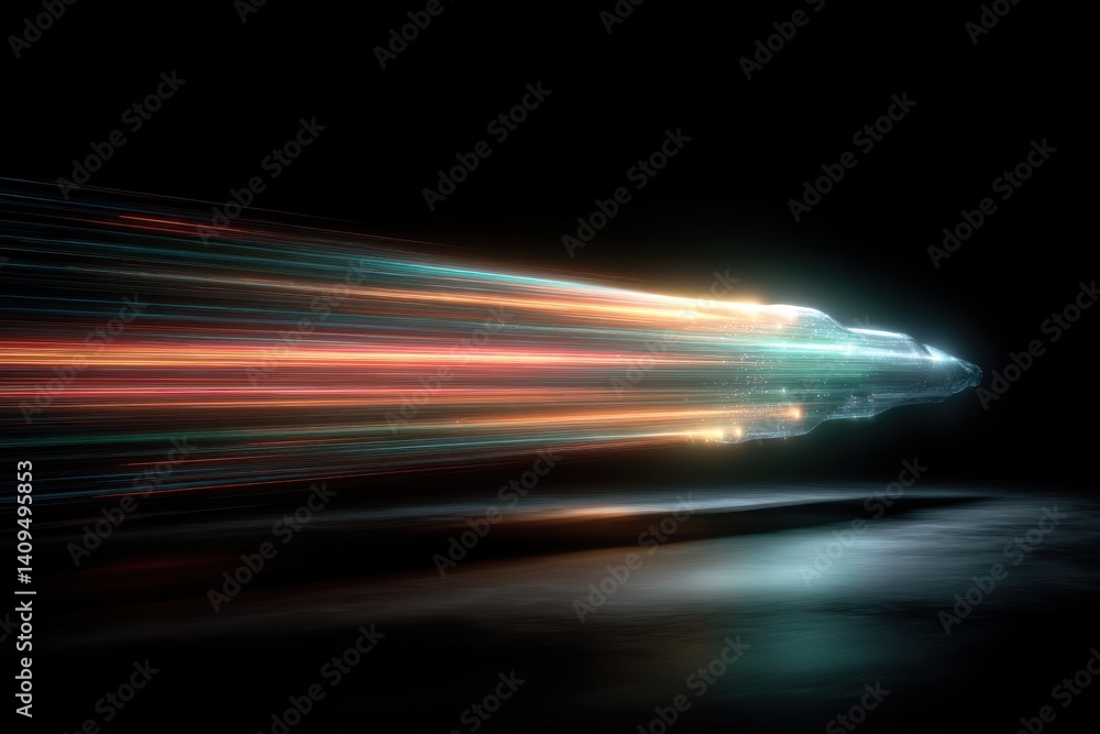 Poster abstract representation of futuristic transportation with glowing light trails leaving a sense of sp