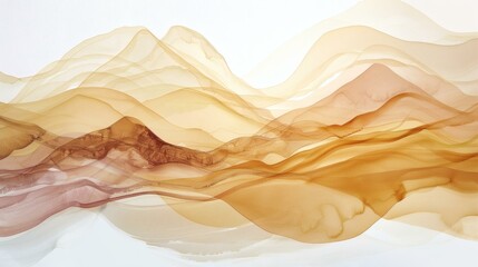 Abstract Watercolor Painting with Soft Goldenrod, Ochre, and Brown Waves, Creating an Ethereal Mountain Landscape Effect