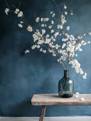 Elegant Glass Vase with Blooming White Cherry Blossoms on Wooden Table