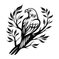 Obraz premium Silhouette of a Hawk Bird perched on leafy Tree Branch in Black and White Color