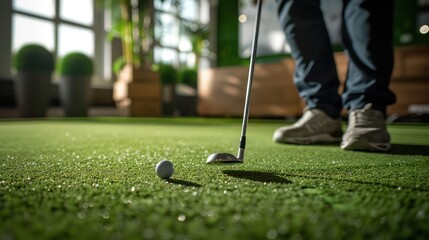 Player practicing their putt on an indoor putting green.