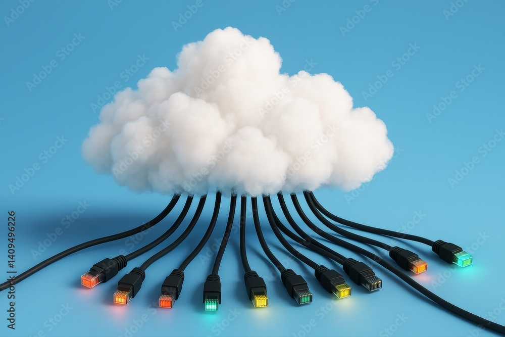 Poster conceptual cloud computing illustration featuring a fluffy white cloud connected to multiple etherne