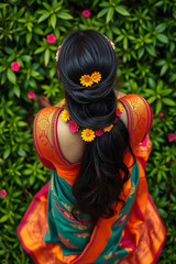 A vibrant close-up from a top-down perspective, showcasing intricate traditional attire, elaborate hairstyle, and a lush green backdrop with scattered pink flowers, blending cultural aesthetics.