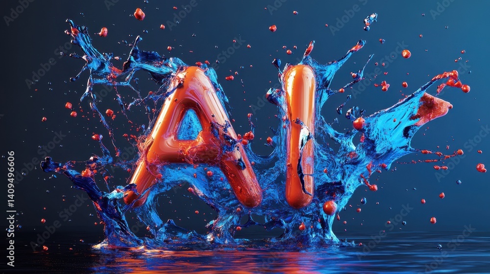 Poster the image portrays splashes of liquid dynamically forming the 'ai' letters, symbolizing the burst of