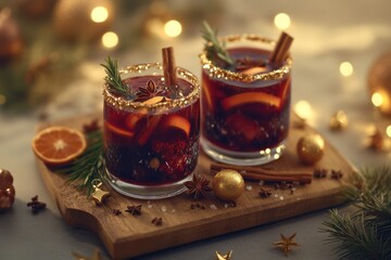Two glasses of mulled wine with cinnamon sticks on a wooden board.
