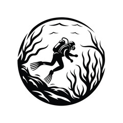 Silhouette Scuba Diver Swimming Underwater with Seaweed & Waves in a Circular