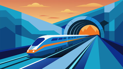 A train speeding through a tunnel with the walls lined with cascading zettabytes of information.. Vector illustration