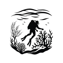 Scuba Diver Silhouette, Coral Reef, Underwater Marine Life, Black and White