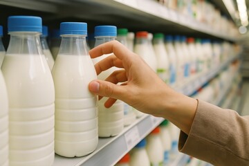 Hand Reaching for a Bottle of Milk in Supermarket Aisle Depicting Consumer Choice and Healthy Lifestyle